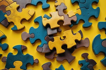 Fototapeta premium Dynamic Puzzle Pieces Merging on Energetic Yellow Canvas: Symbolizing Collaboration, Teamwork, and Innovative Problem Solving