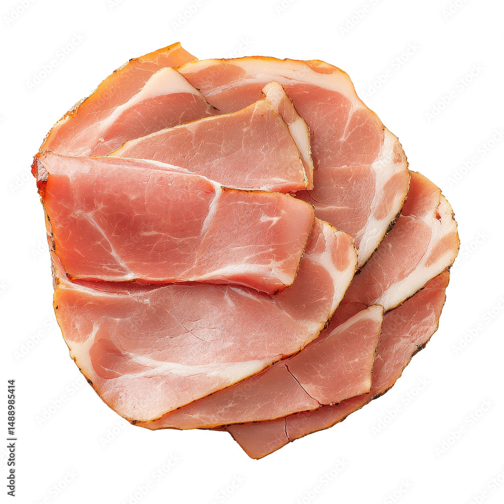 Poster round ham slices arranged on a clean white surface emphasizing their texture and color, fried pork w