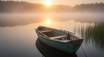 Fototapeta premium A wooden rowboat floats on a calm, foggy forest lake during a golden sunrise, creating a tranquil nature scene reflecting the peaceful beauty of the morning mist concept.