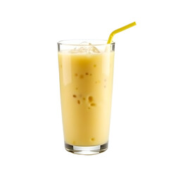 A delightful banana smoothie in a tall, clear glass with a yellow straw, offering a healthy and refreshing beverage choice