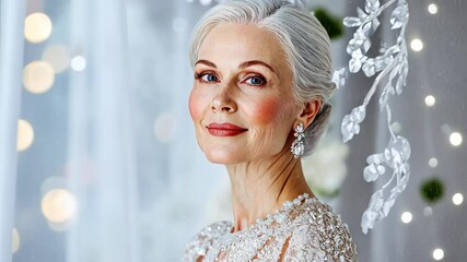 Elegant Portrait: A graceful senior woman, her silver hair and radiant smile reflecting the beauty of timeless elegance. The photo captures the poise and inner glow of experience and sophistication. - Powered by Adobe