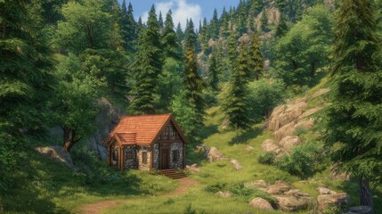 Fototapeta premium A stunning image of charming Little House in a Lush Mountain Valley.