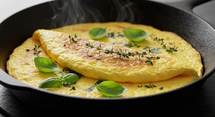 Close up of a steaming omelet cooking in a black cast iron pan. Delicious egg dish preparation for breakfast or brunch meal. Represents home cooking technique and fresh food preparation.