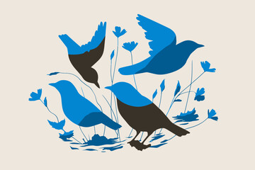 Hand Drawn Spring Birds Vector Illustration in Linocut Style for Posters and Logo Designs