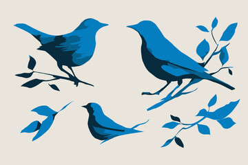 Hand Drawn Spring Birds Vector Illustration in Linocut Style for Posters and Logo Designs