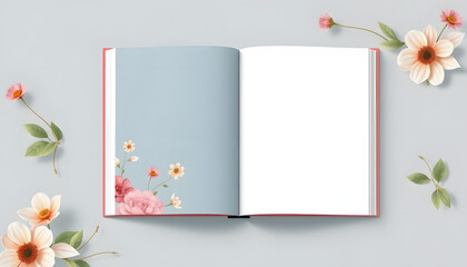 Mid fold book mockup with floral illustration, enhance. White tone