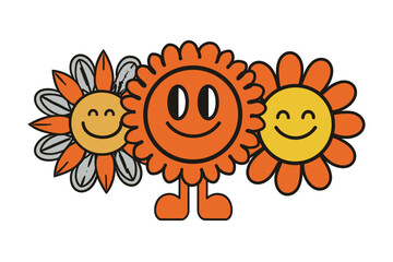 Simple linear style vector with hippie happy groovy smiling character funny sun and flower design templates and stickers