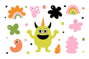 Funny cartoon smiling character and mascot vector logo design template graphic elements for advertising branding posters banners abstract stickers and line icons