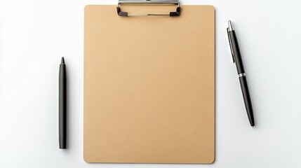 Empty clipboard with writing utensils on a white surface.