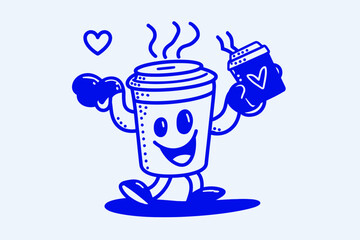 Funny cartoon coffee cup mascot vector logo design template graphic elements for advertising branding posters banners print and stickers