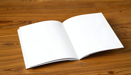 Open blank paper brochure on wooden table. Mockup for design, graphic novel art. White tone