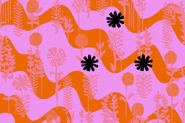 Seamless Floral Ocean Pattern Vector Groovy Wavy Naive Style Hand Drawn Flowers Plants for Modern Surface Design and Prints