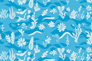 Seamless floral wavy groovy naive style vector pattern ocean vacation theme hand drawn flowers plants for modern art prints and surface design