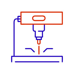 CNC machine icon in metallurgy and production, outline design, blue and red colors, copy space