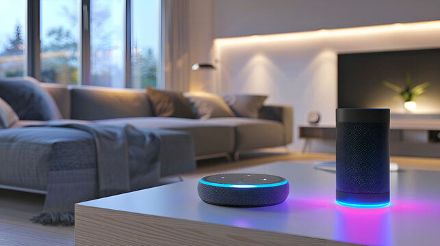 Two smart speakers on a table in a living room with a couch and tv in the background in a modern home