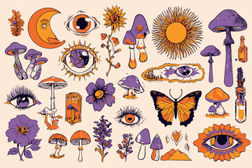 60s 70s Psychedelic Vector Set Retro Groovy Mushrooms Flowers Eyes Sun Moon Butterfly Boho Stickers