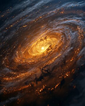 Render of nebulae glowing spiral arms as protostars begin to form Star Formation in Arms Starbirth and dust contrast Space render Telephoto lens