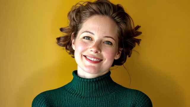 Cheerful Portrait: Captivating the essence of joy, a woman beams warmly, her features illuminated by genuine happiness, a visual ode to positivity and inner peace.