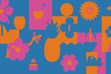Simple flat geometric summer pattern and banner vector with vacation tropical travel flowers plants icons for festival and sale posters
