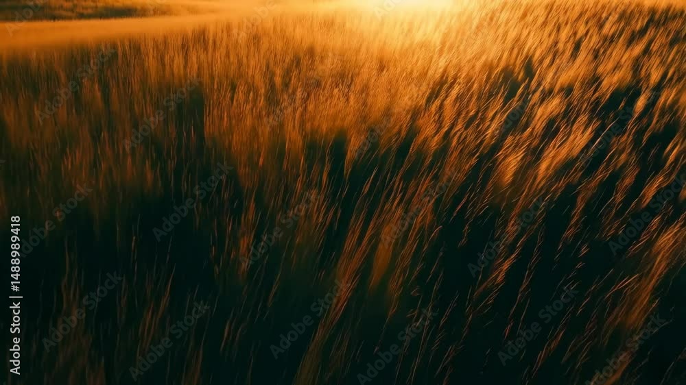 Poster abstract view of golden tall grass moving gently in the wind during sunset, creating a warm nature s