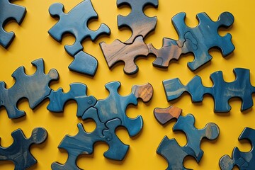 Teamwork and Business Solutions Illustrated by Interlocking Puzzle Pieces on Yellow Background