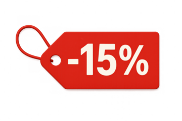 Red discount tag with white -15% text and red string on a transparent background, perfect for sales and promotions