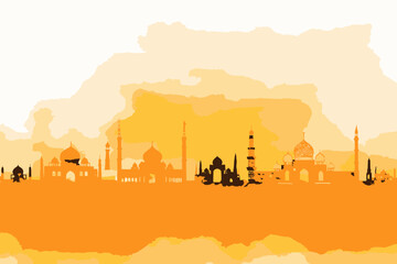 Yellow Watercolor Islamic Banner with Mosque Design Vector Elegant Religious Background