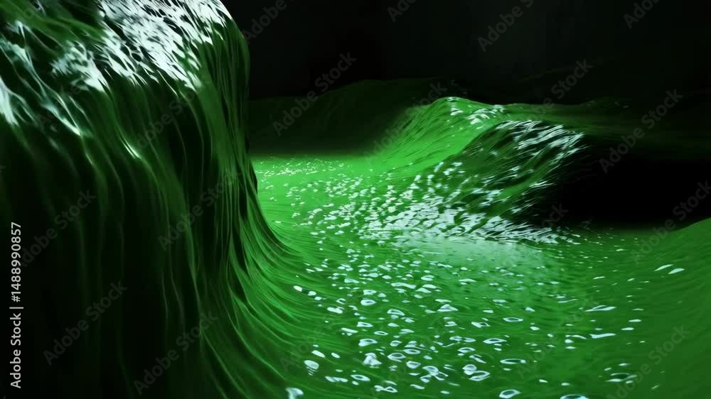 Poster abstract green liquid flowing with ripples and reflections in a dark environment creating a dynamic 