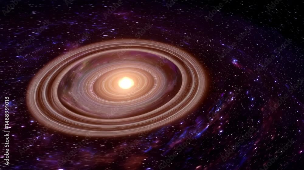 Poster a luminous core surrounded by concentric cosmic rings against a backdrop of stars in the deep univer