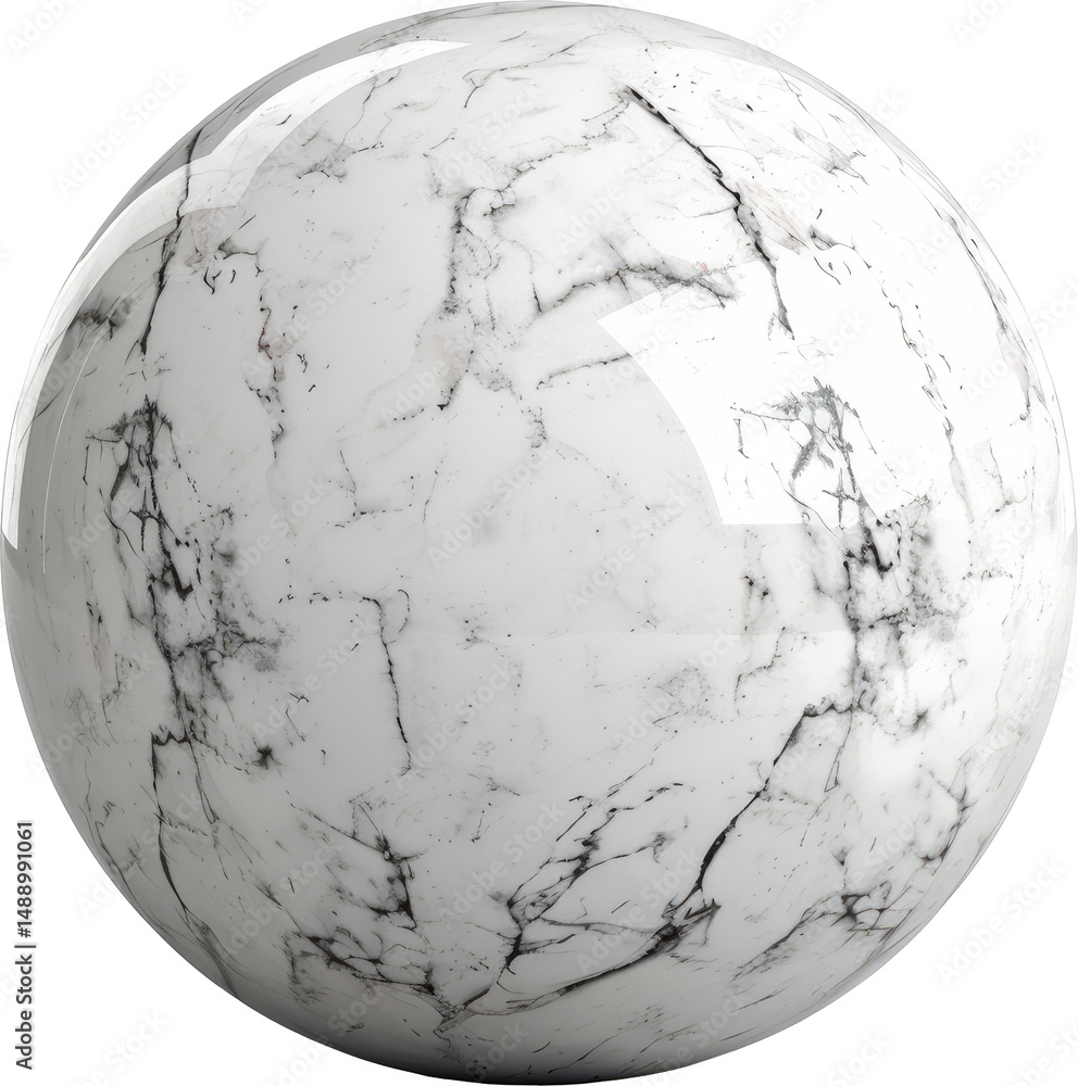 Poster glossy, spherical design showcasing a white marble pattern with black veins. digital rendering highl