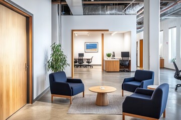 Modern, open-plan office space with comfortable seating area.