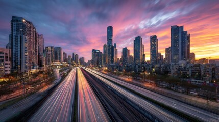 Fototapeta premium A stunning image of sunrise Cityscape Highway - Urban Panorama.