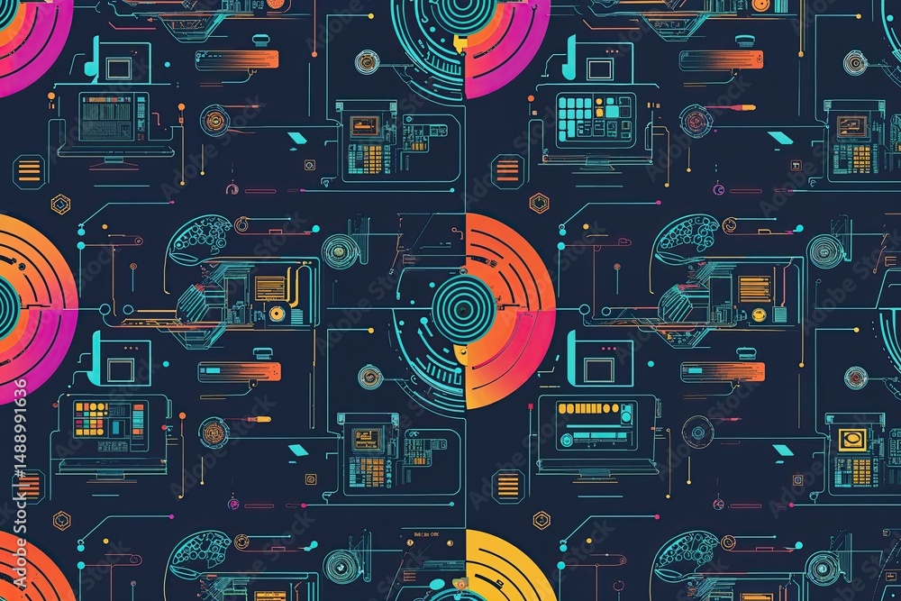Poster Modern Repeating Pattern Design Featuring Tech-Inspired Line Art Doodles