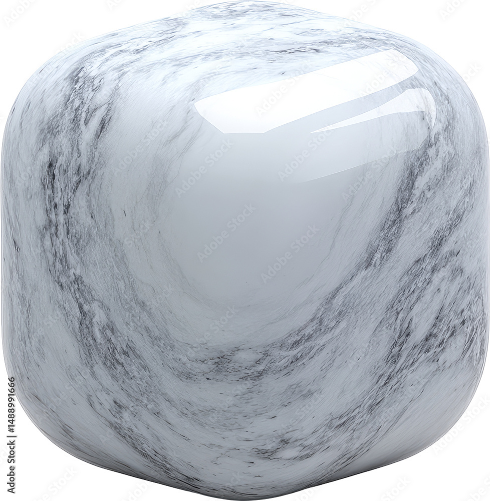 Poster digitally rendered, smooth, cube-shaped object, showcasing a sophisticated marble pattern. its gloss