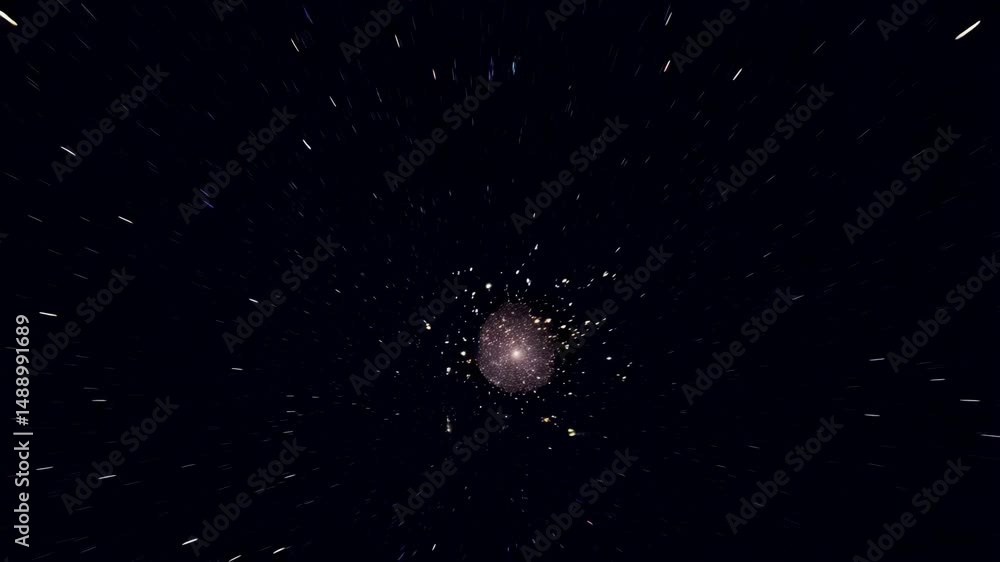 Poster abstract space scene with a radiant cluster of golden particles emanating light in a dark, starry ni