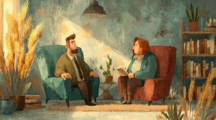 A cozy therapy session with two individuals in a warmly lit room featuring comfortable chairs