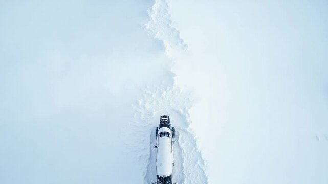Aerial view of a snow-capped mountain peak with a snow cannon installed.