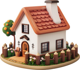 Meticulously crafted, miniature cottage model, showcasing a charming outdoor setting with a garden and fence.