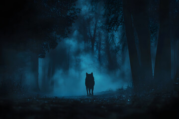 wolf silhouette in dark forest at night with eerie blue mist