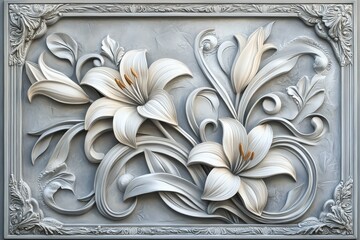 Ornate floral relief sculpture in gray and white.