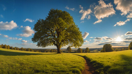 Obraz premium image of a green meadow in a large area with accompanied by a bright blue sky