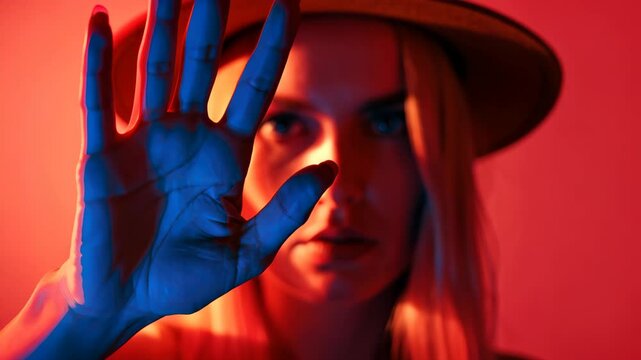 Stop the Silence: A woman in a hat with her hand held up as a gesture of stop with a studio lighting. The use of colors enhances the drama and impact of the scene.
