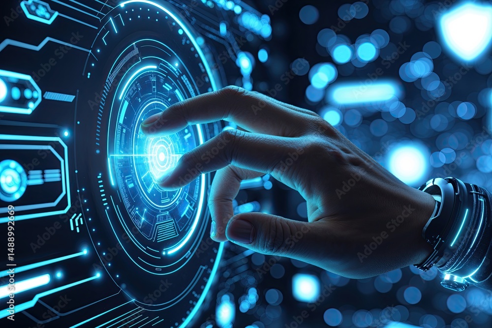 Aufkleber hand touching glowing digital interface with futuristic blue graphics in advanced technology innovat