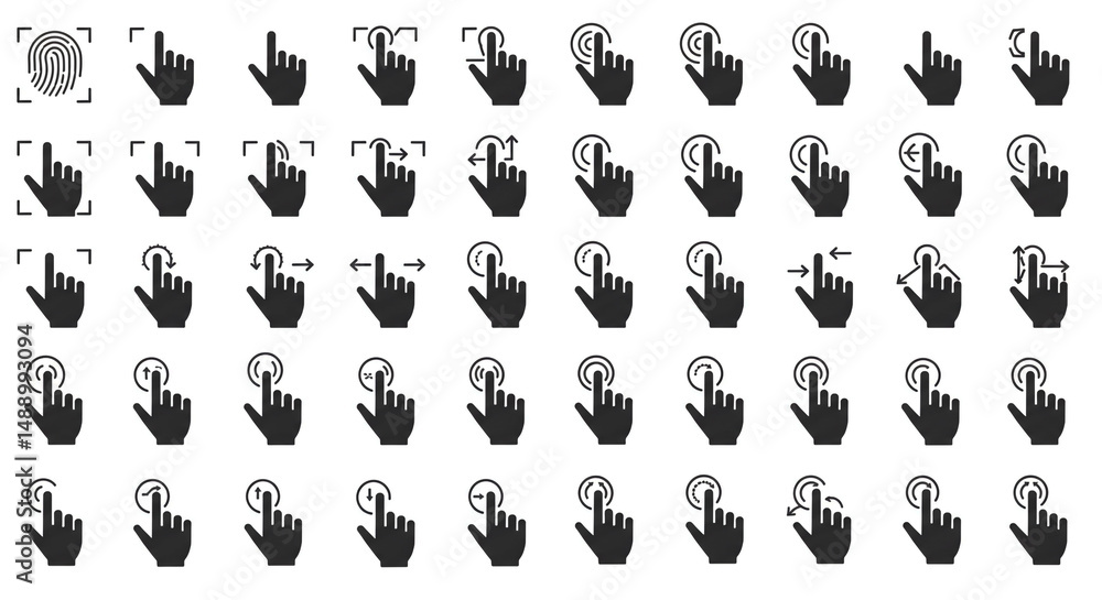 Poster touch gesture vector collection icons for digital interfaces control and interactive touchscreen