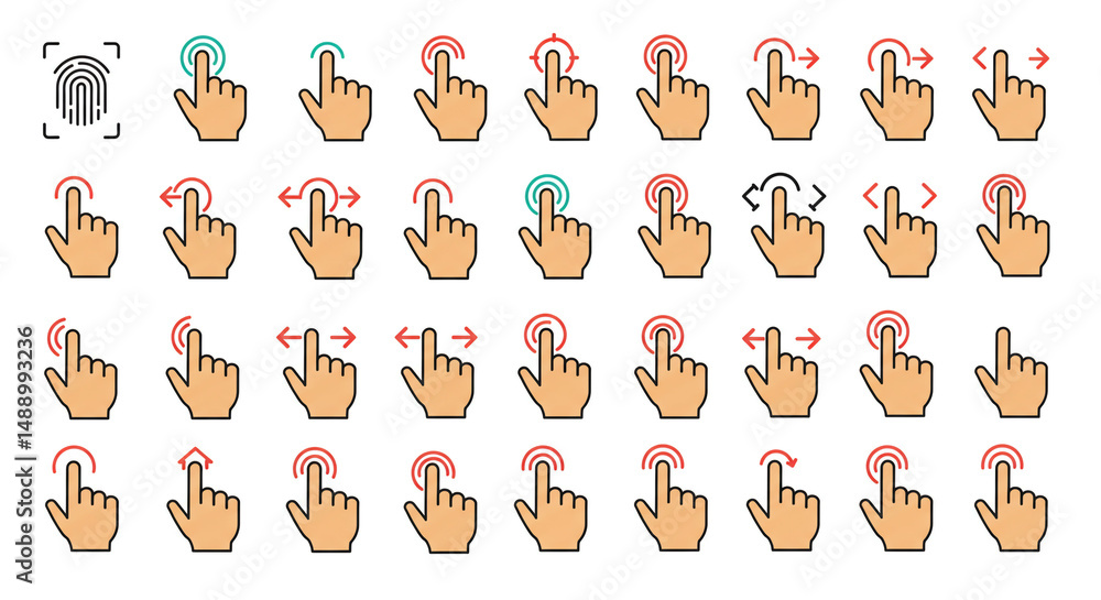 Poster touchscreen gestures guide to finger interactions swipe tap pinch zoom vector illustration and icons