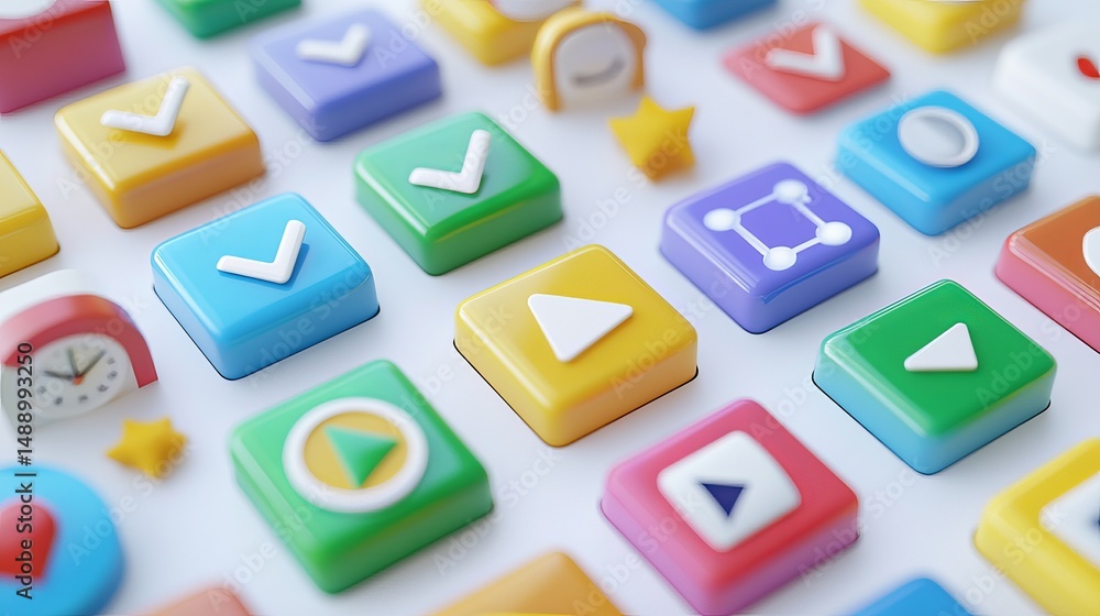 Poster colorful 3d app icons interface design elements bright play buttons modern user interface digital te