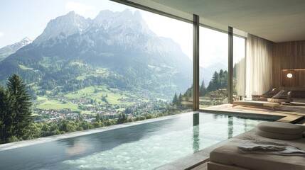 Fototapeta premium Panoramic mountain view from an indoor infinity pool.