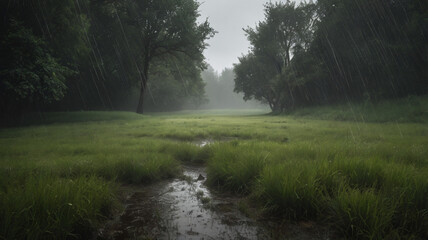 Obraz premium image of a green meadow in a large area with the appearance of fairly tall grass in the front accompanied by light rain