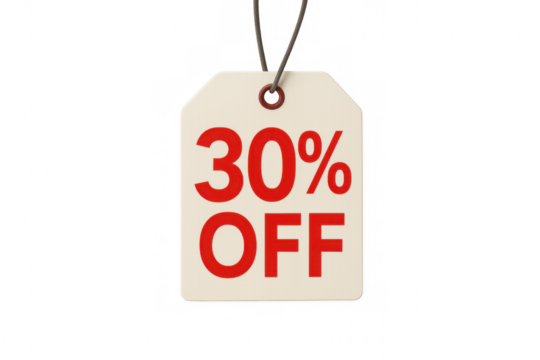 White discount tag displaying 30% off in bold red lettering, hanging against clear background, highlighting special retail pricing