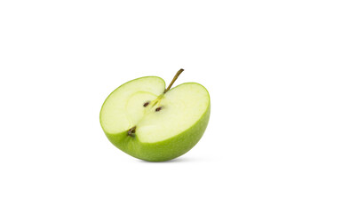 Halved green apple isolated on white background with shadow.